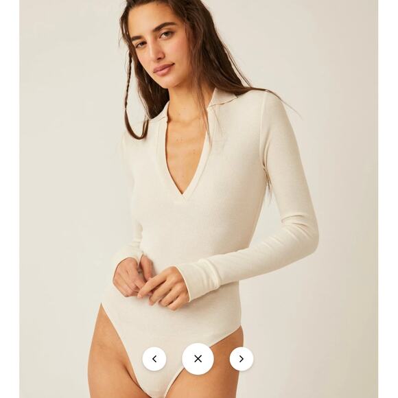 FREE PEOPLE NWT Do It Right Ribbed Long Sleeve Collar Bodysuit in Ivory // Large - Picture 3 of 12